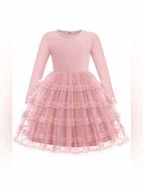Arshiner Girls Long Sleeve Ruffle Tiered Party Tulle Dresses Pink Blush